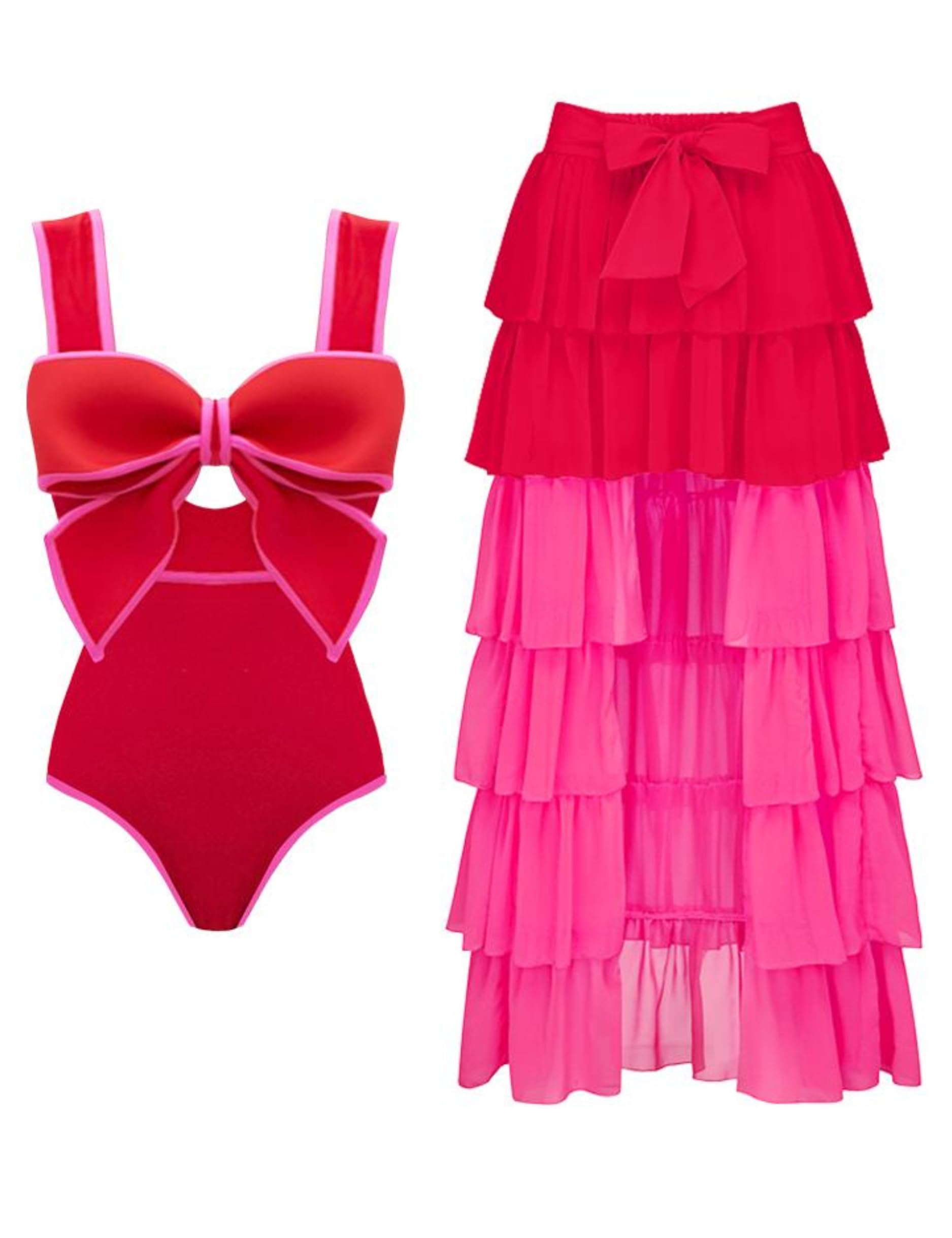 Bow Front Cut Out Color Block One Piece Swimsuit and Skirt