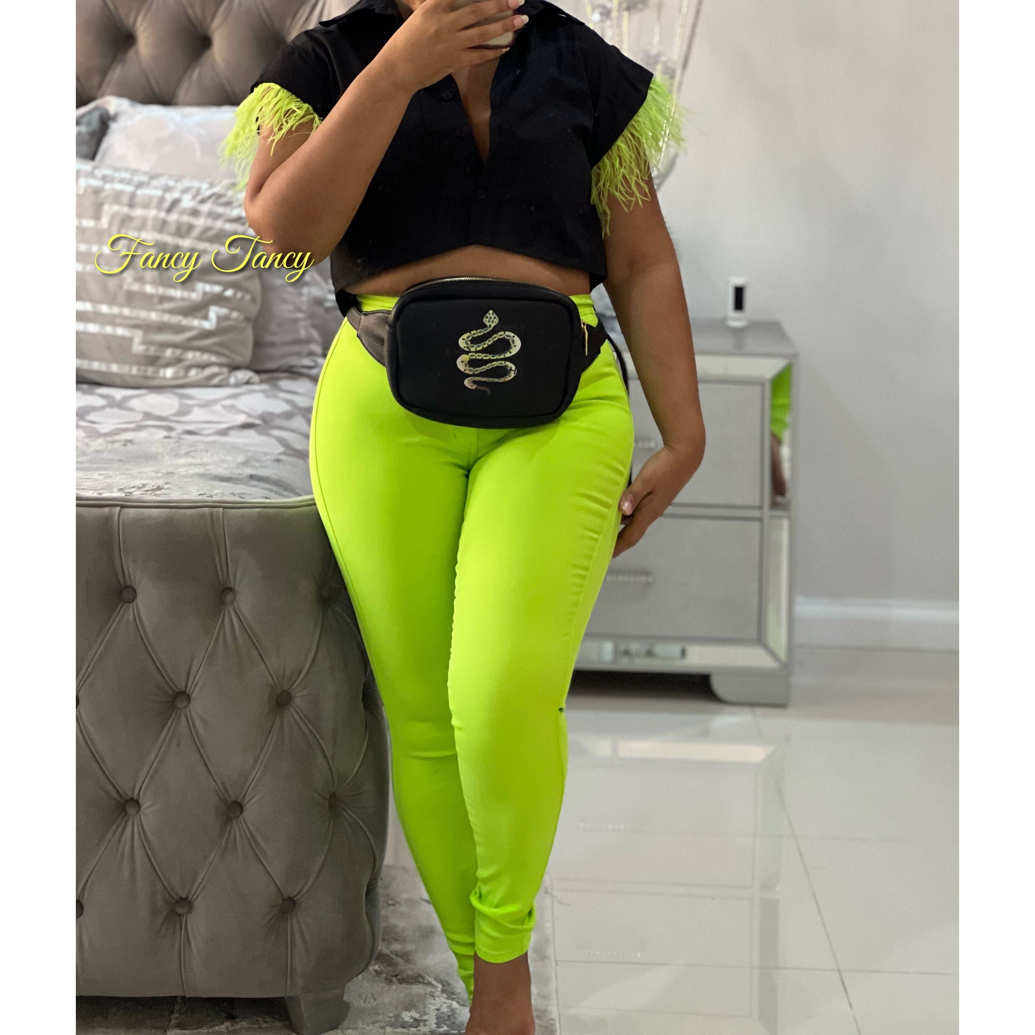 Neon Green Feather Sleeve Crop Top