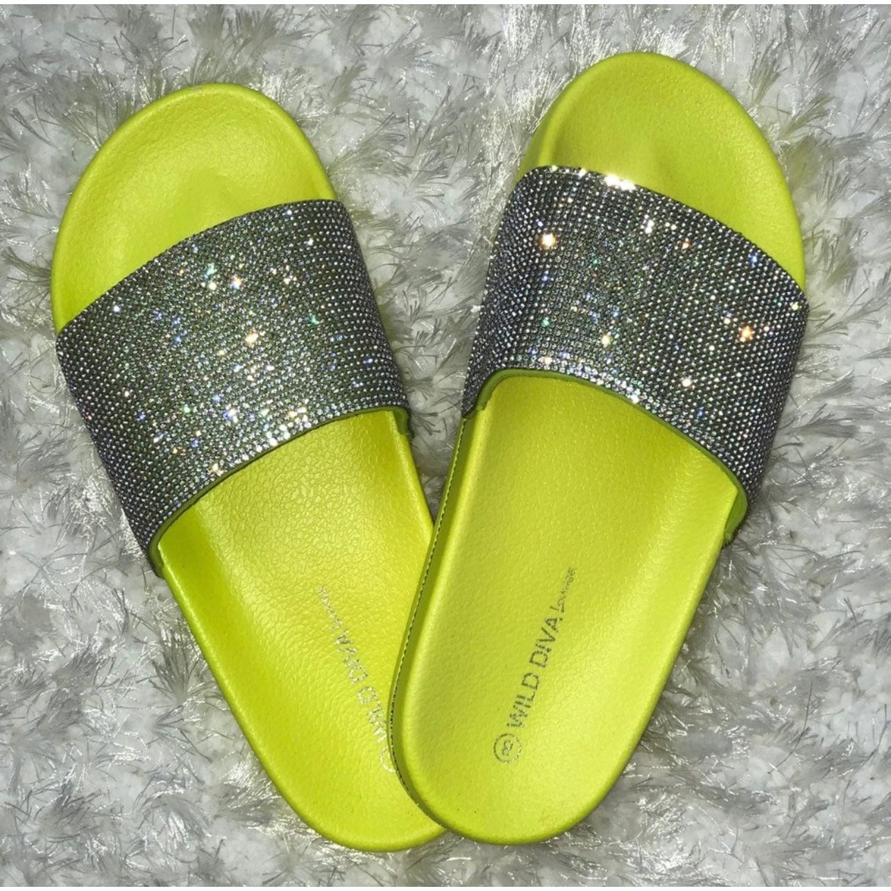 Neon Yellow Bling Slides