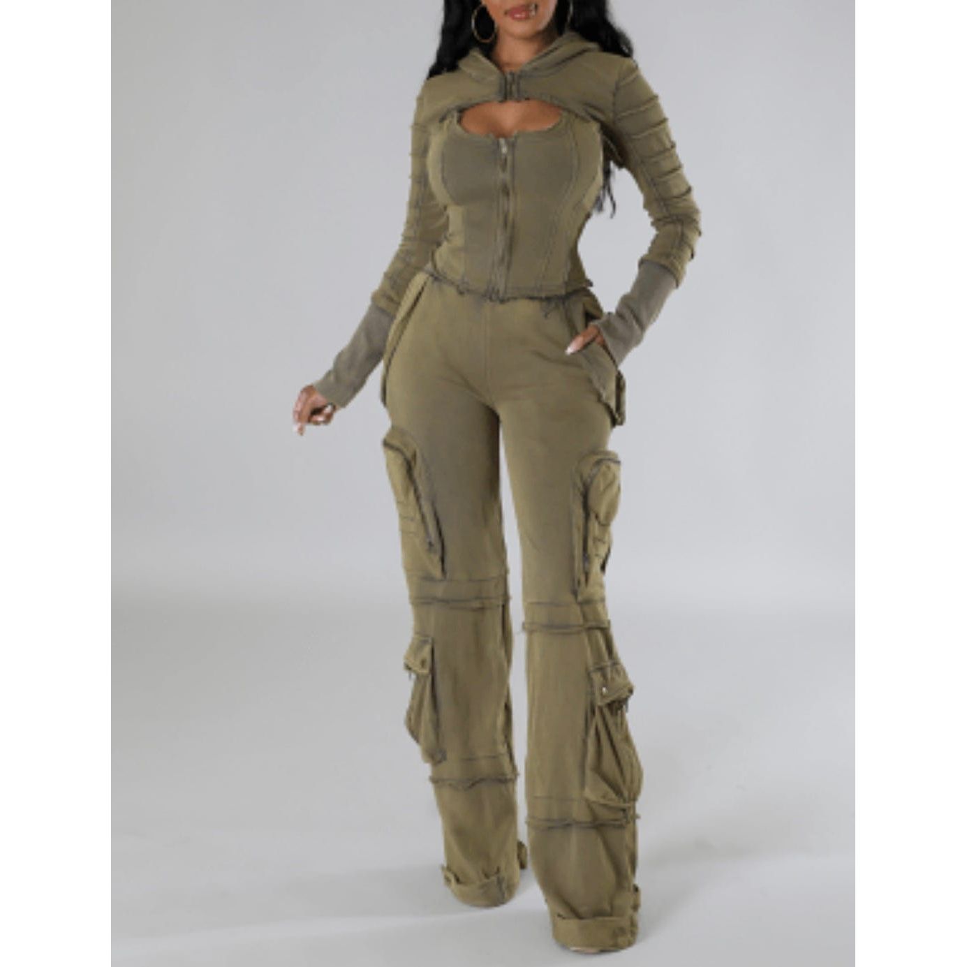Olive Vintage Wash Cargo Pants Set