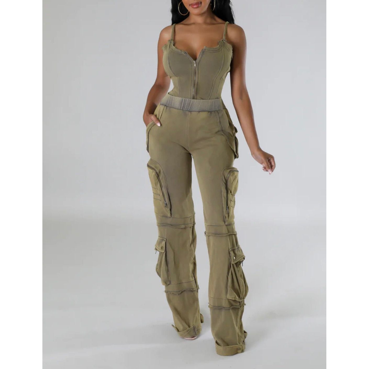 Olive Vintage Wash Cargo Pants Set