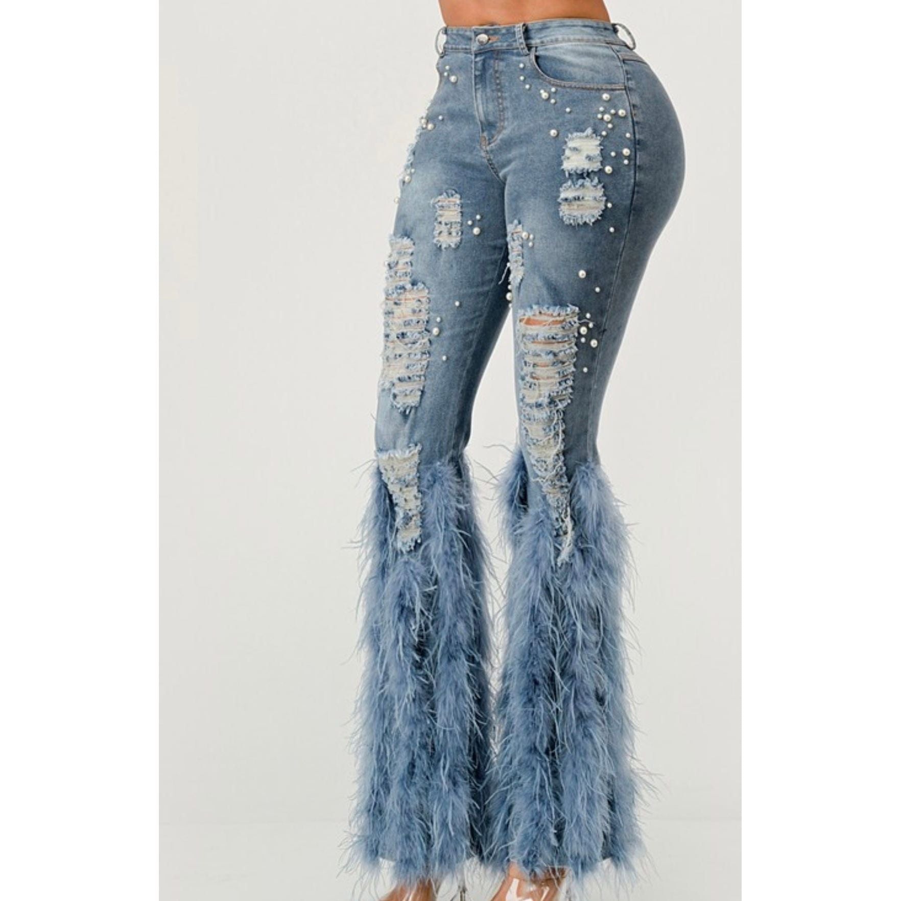 Pearl Embellished Feather Jeans