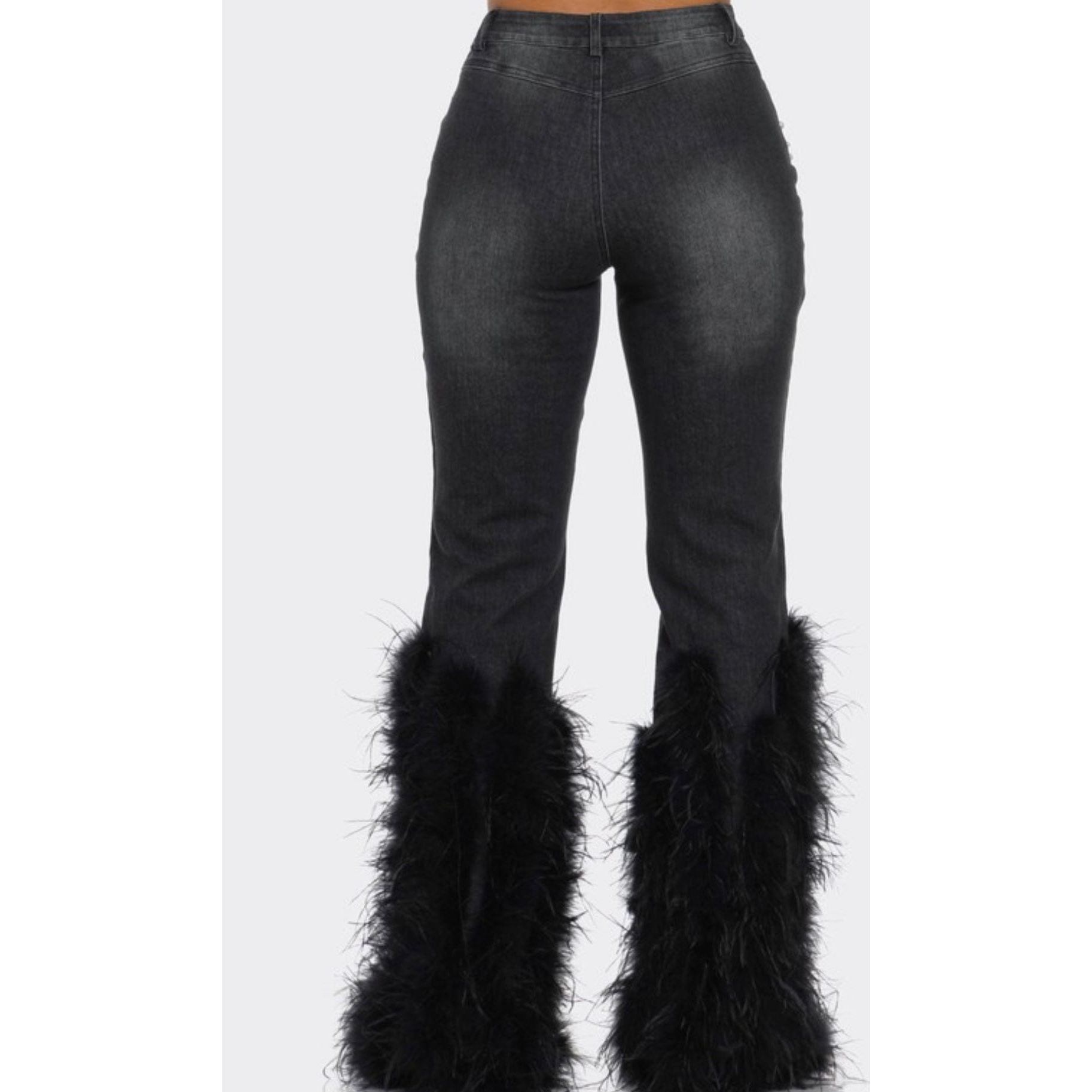 Pearl Embellished Feather Jeans-BLK