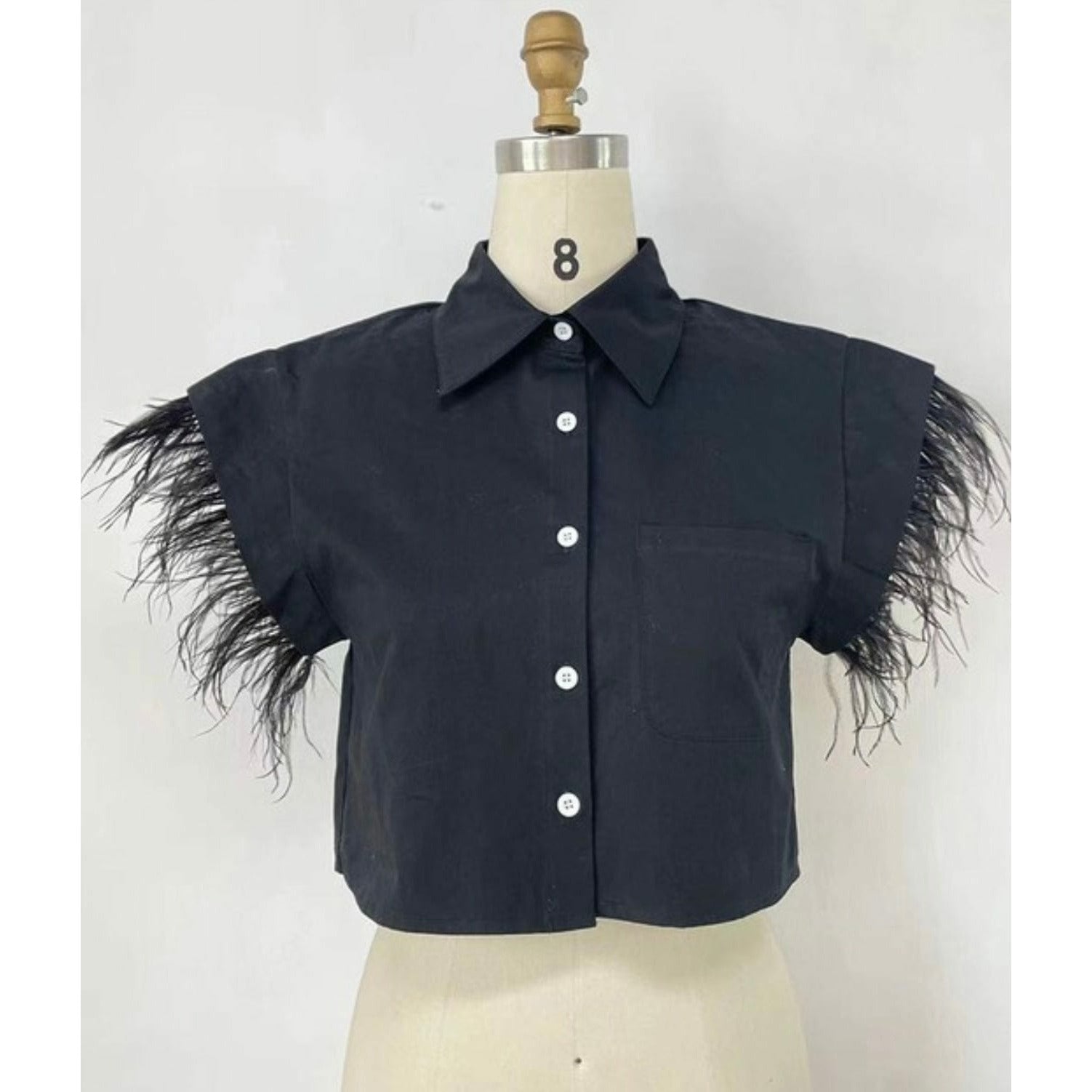 Black Feather Sleeve Crop Top