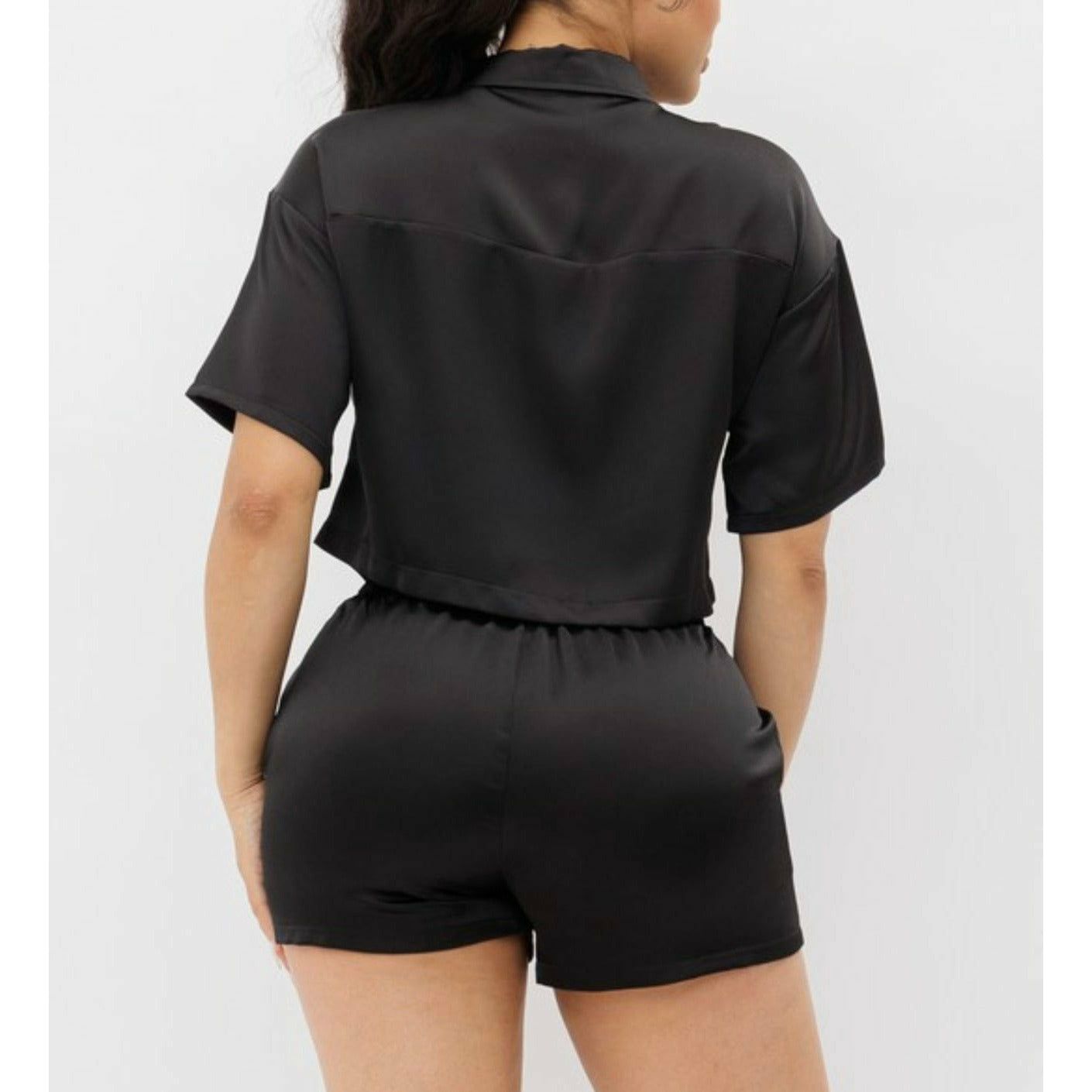 Black Satin Shorts Set