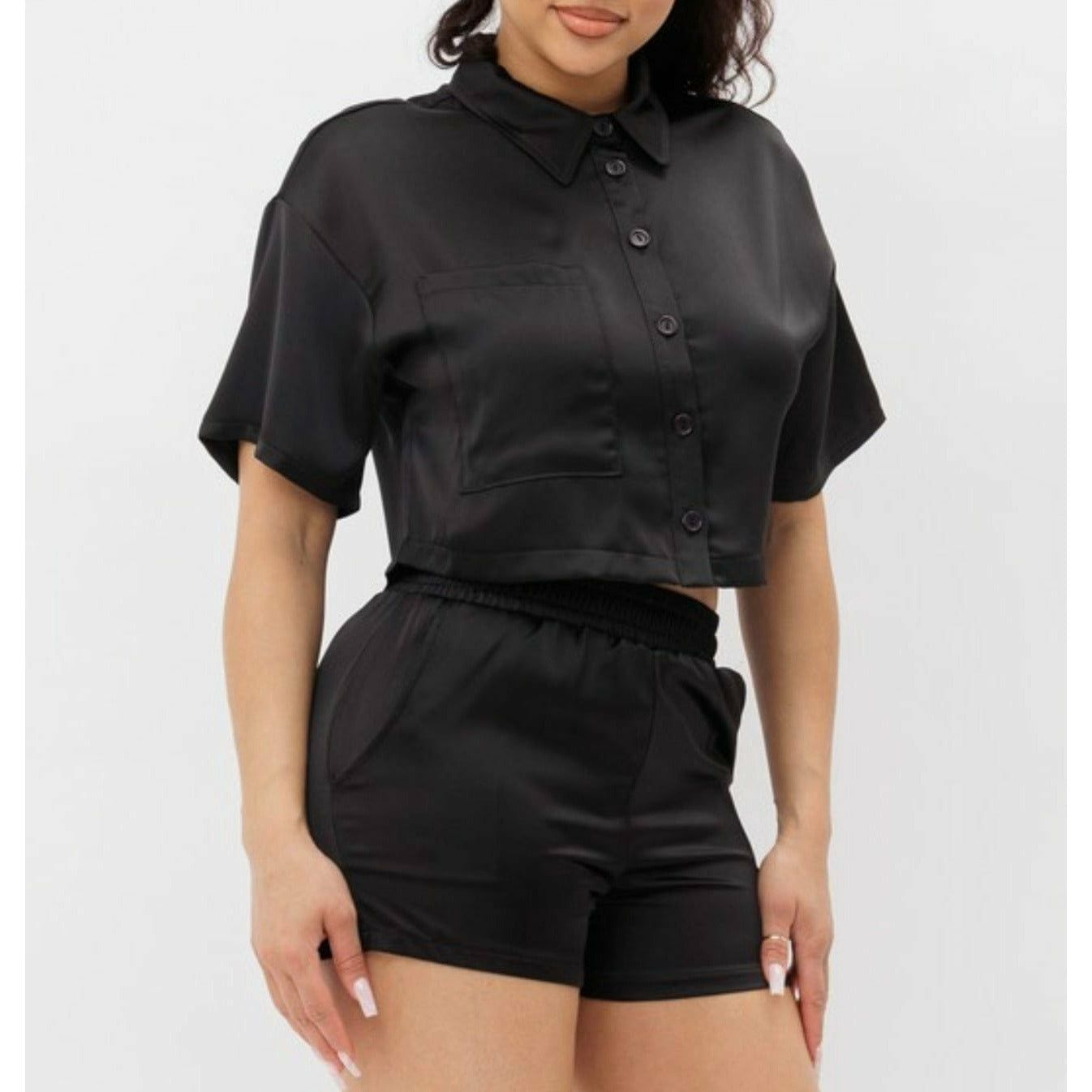 Black Satin Shorts Set