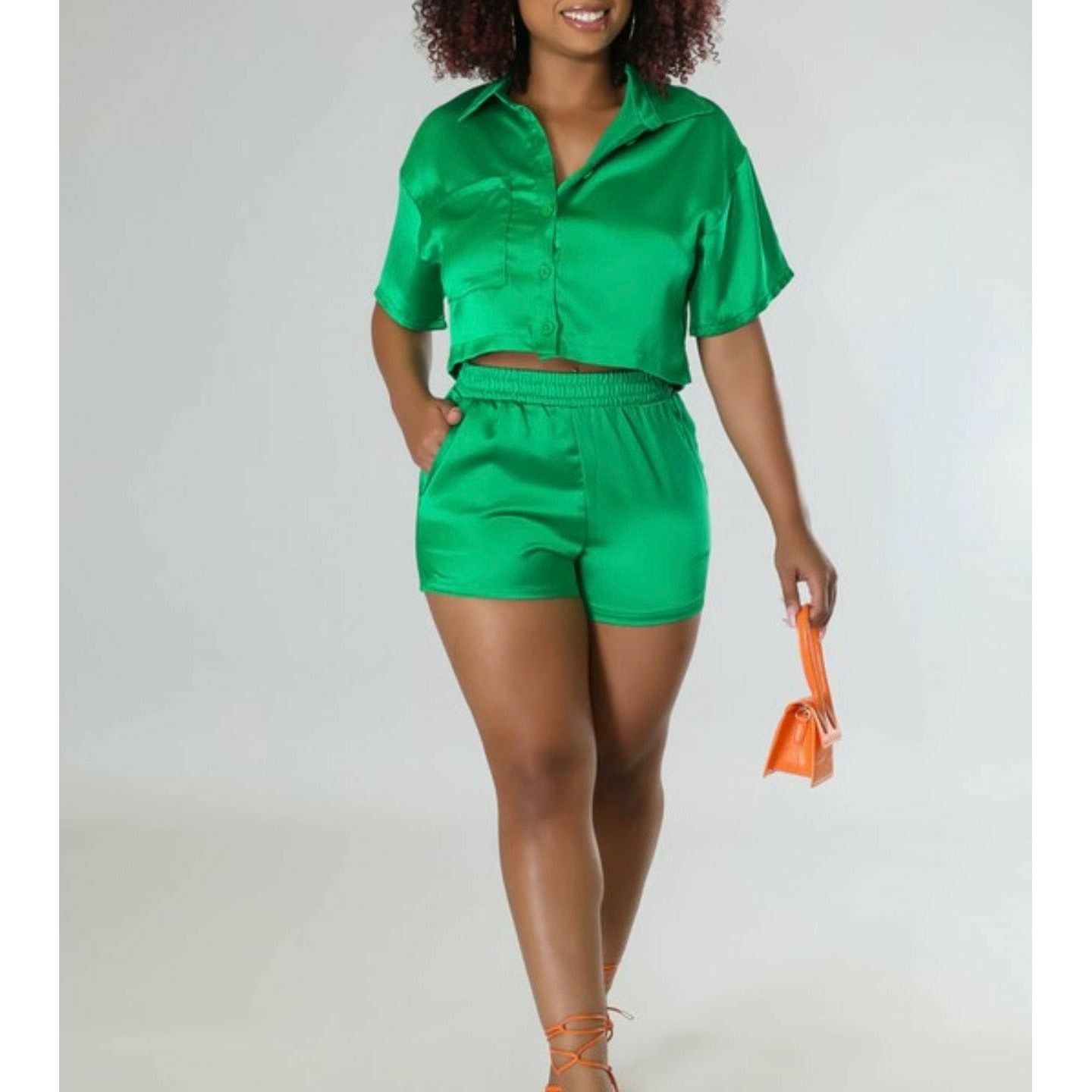 Green Satin Shorts Set