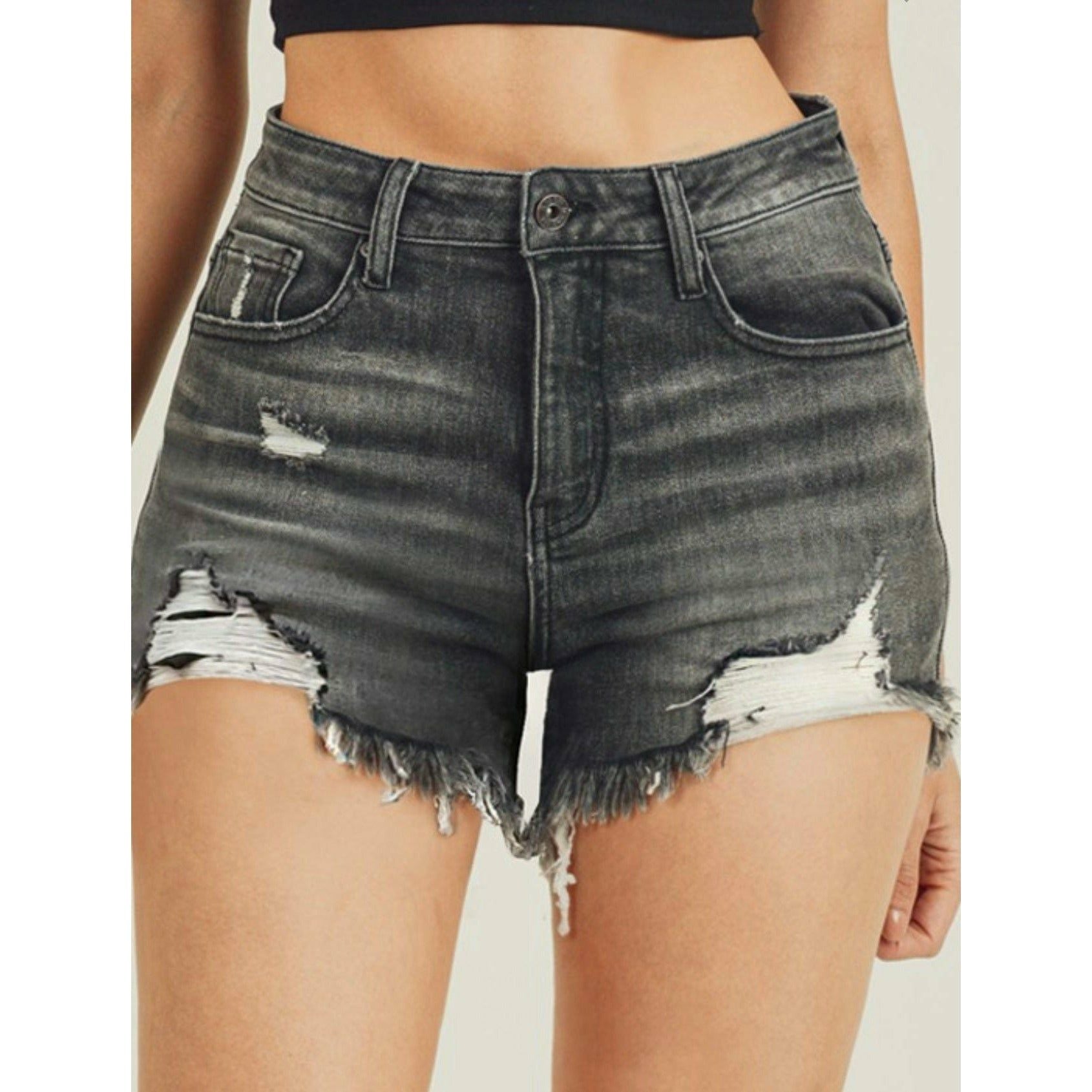 Grey High Rise Distressed Raw Hem Shorts