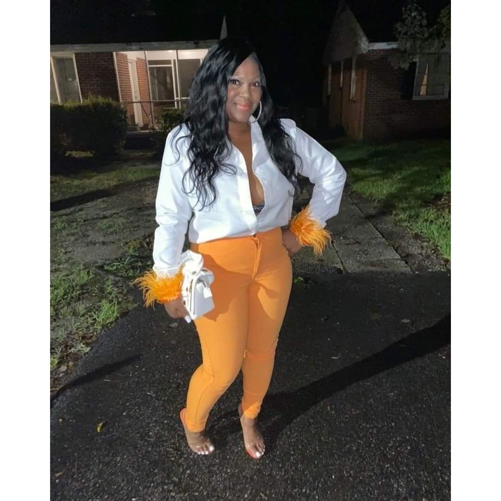 Orange Feather Sleeve Blouse-Off White