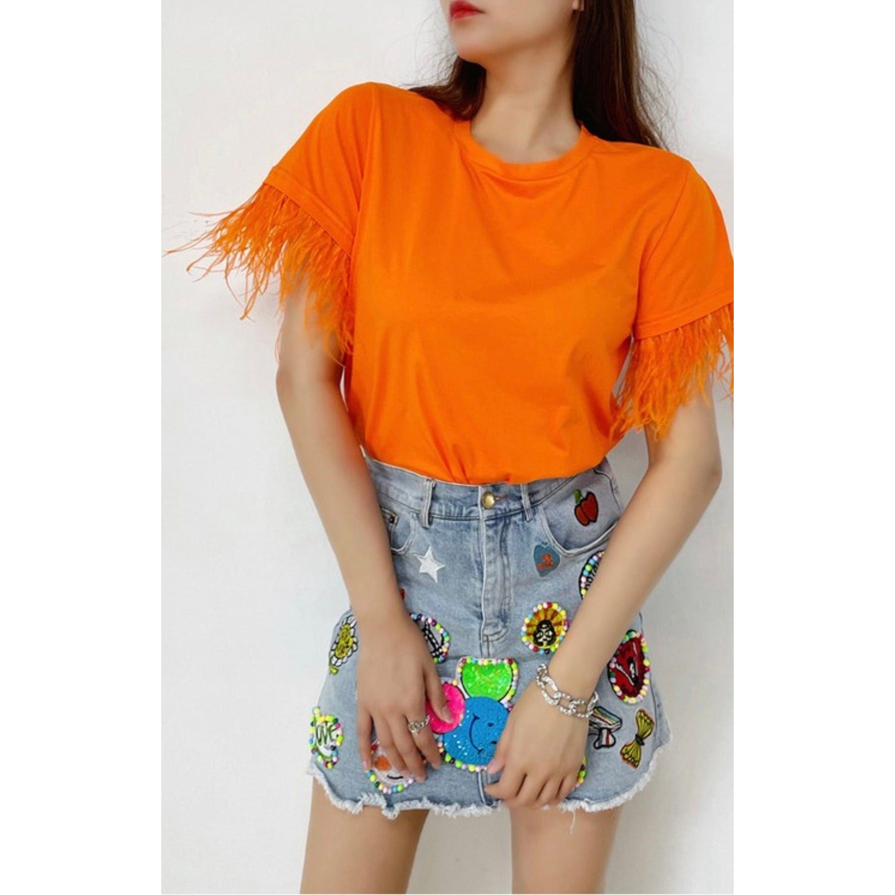 Orange Feather Trim Top