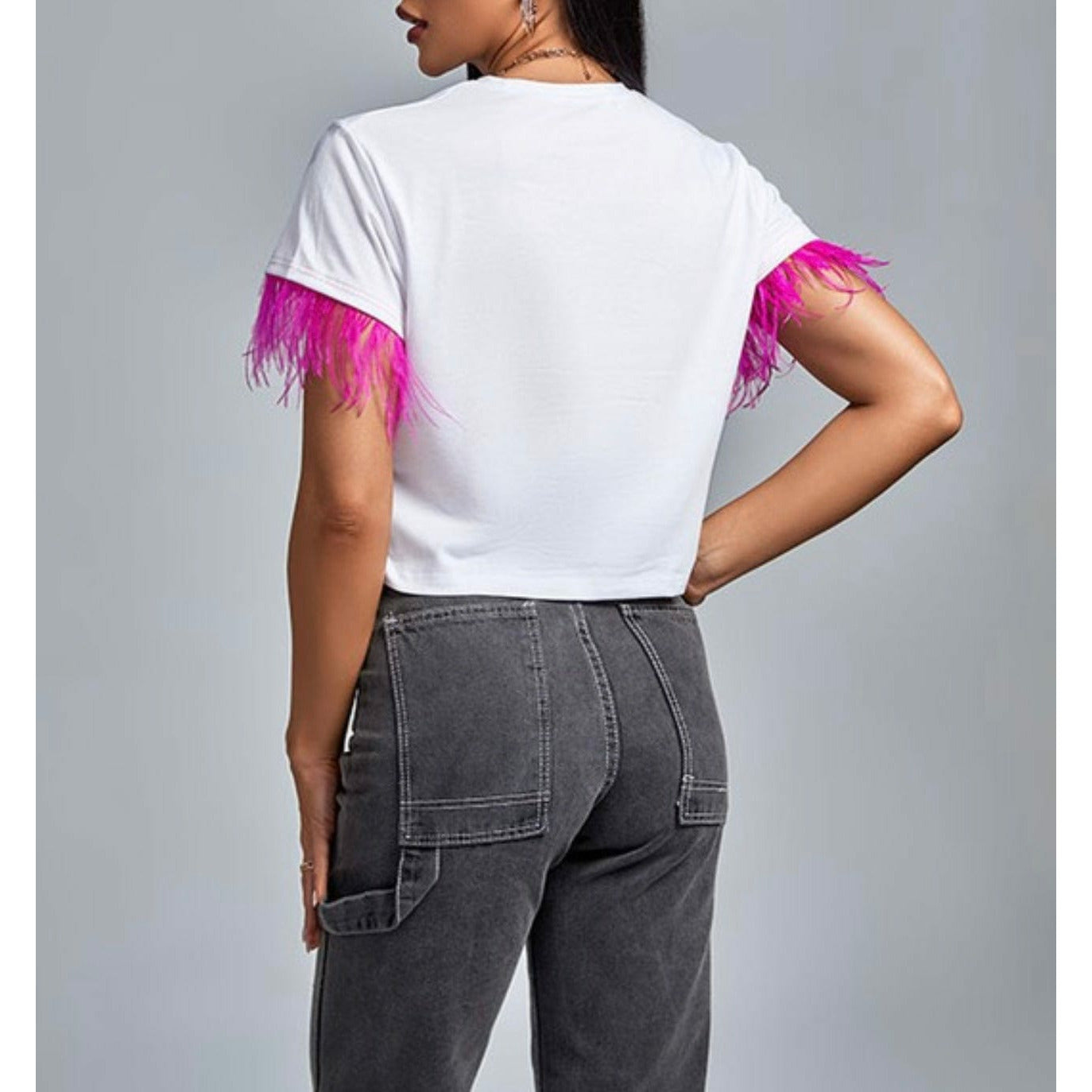 Pink Feather Sleeve Crop Top