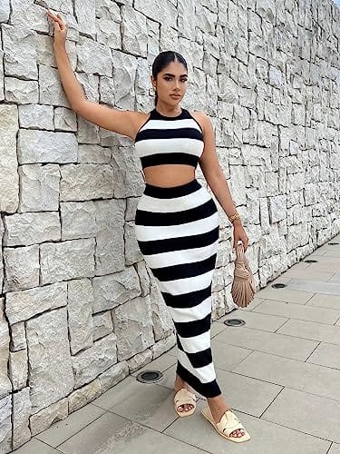 Apparel GORGLITTER 2 Piece Striped Halter Top Maxi Skirt Set