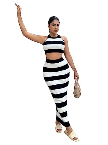 Apparel GORGLITTER 2 Piece Striped Halter Top Maxi Skirt Set