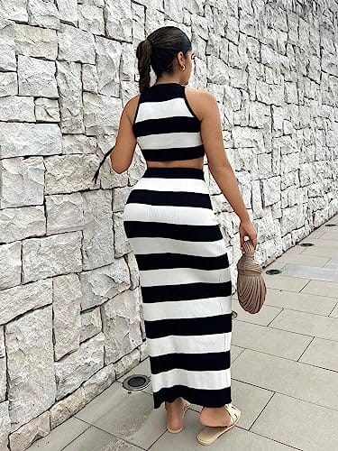 Apparel GORGLITTER 2 Piece Striped Halter Top Maxi Skirt Set