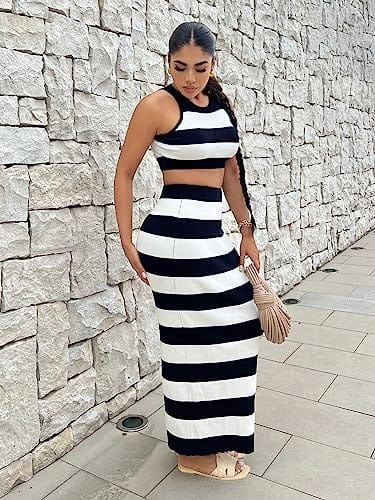 Apparel GORGLITTER 2 Piece Striped Halter Top Maxi Skirt Set
