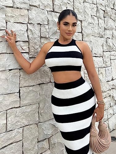 Apparel GORGLITTER 2 Piece Striped Halter Top Maxi Skirt Set