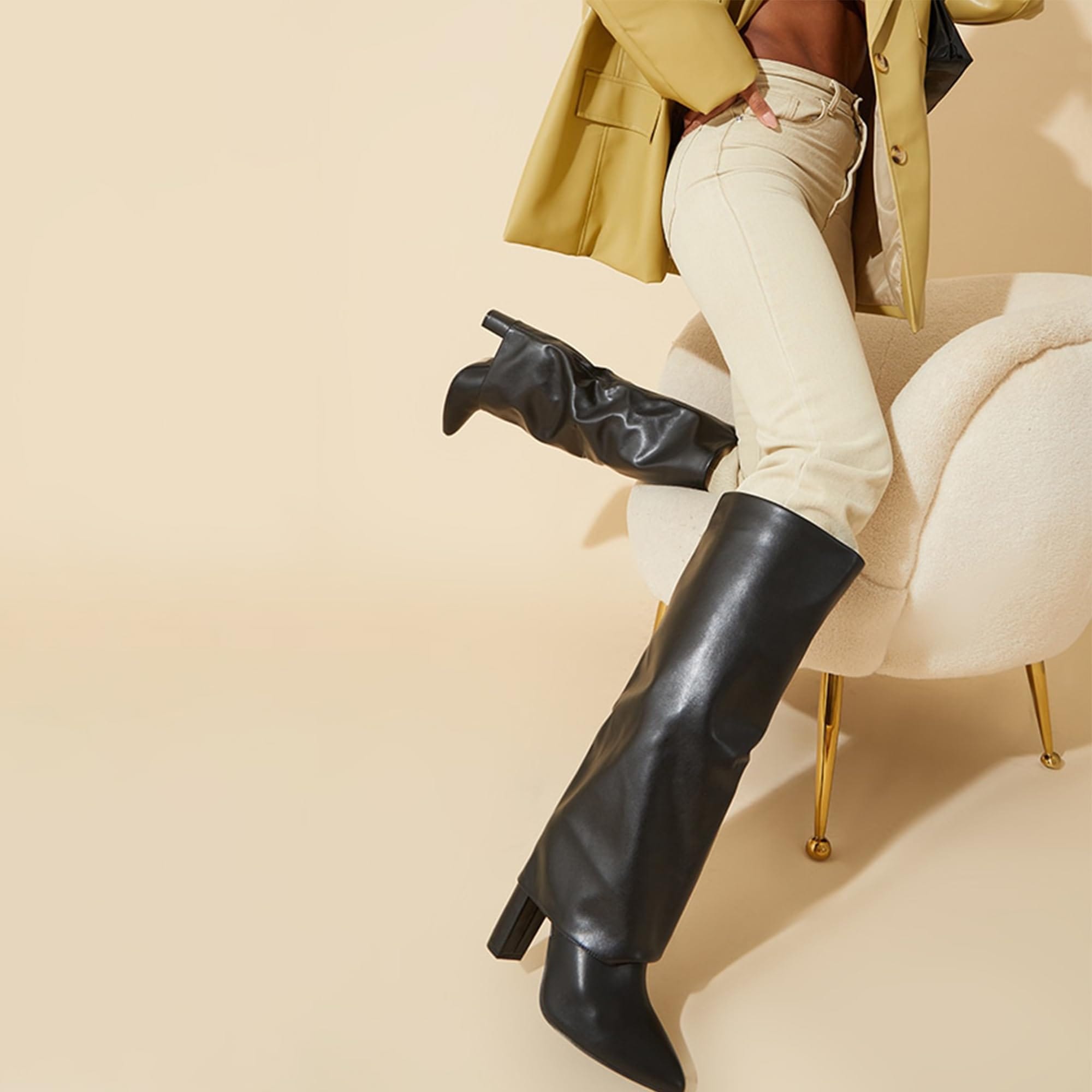 Black Chunky Heel Fold Over Knee High Boots