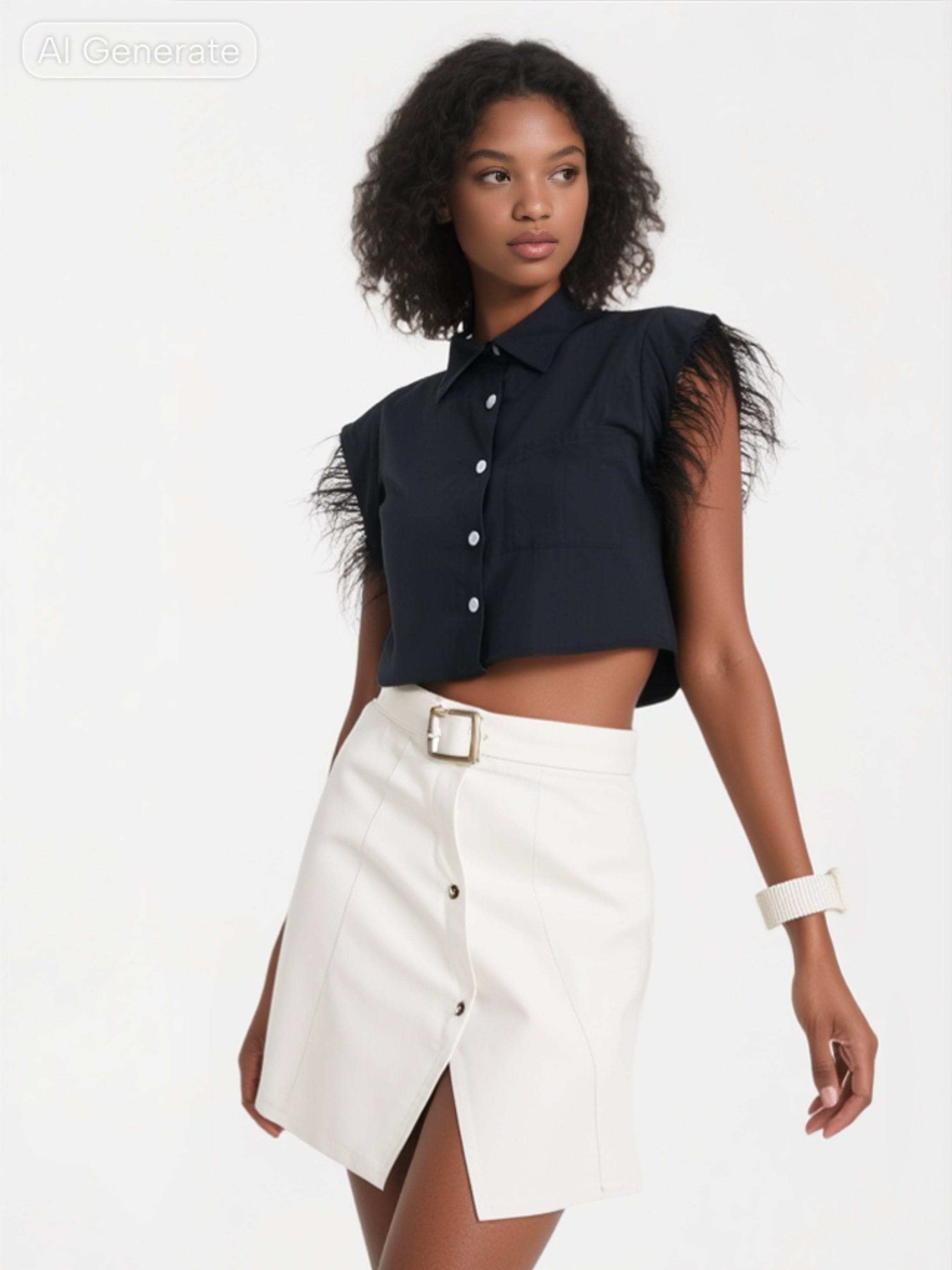 Black Feather Sleeve Crop Top