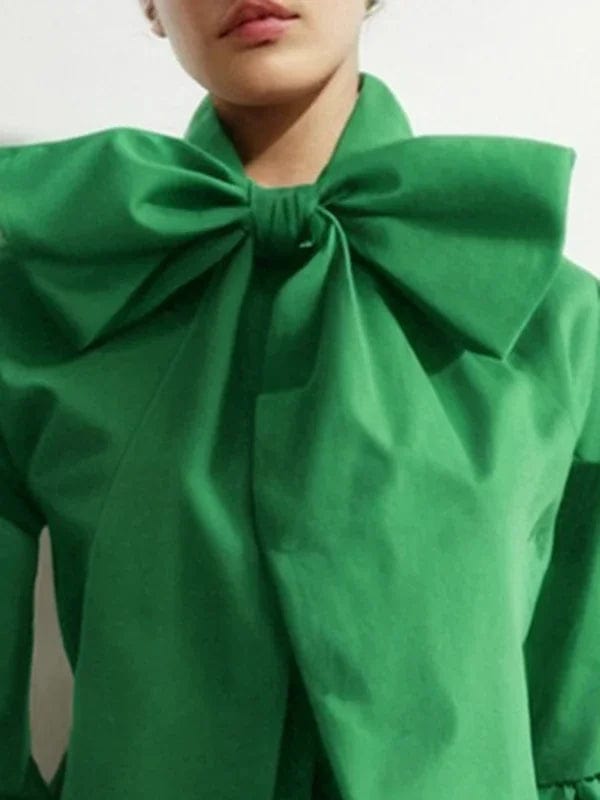 Bowknot High Collar Lantern Sleeve Blouse