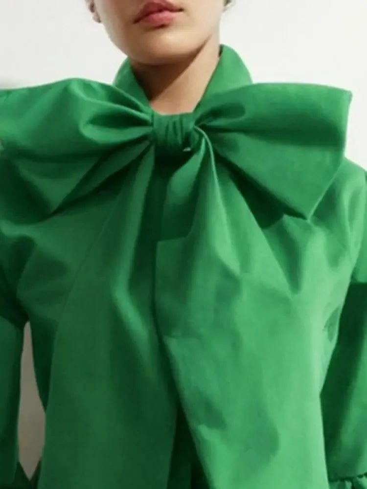 Bowknot High Collar Lantern Sleeve Blouse