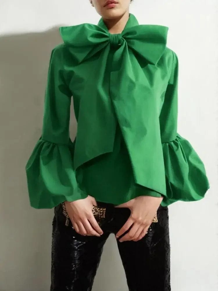 Bowknot High Collar Lantern Sleeve Blouse