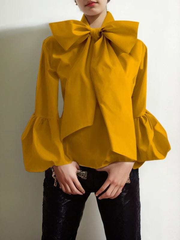 Bowknot High Collar Lantern Sleeve Blouse