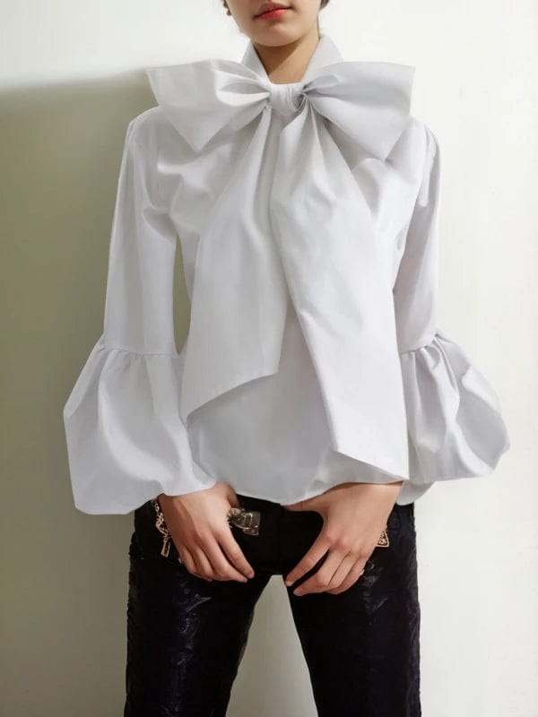 Bowknot High Collar Lantern Sleeve Blouse