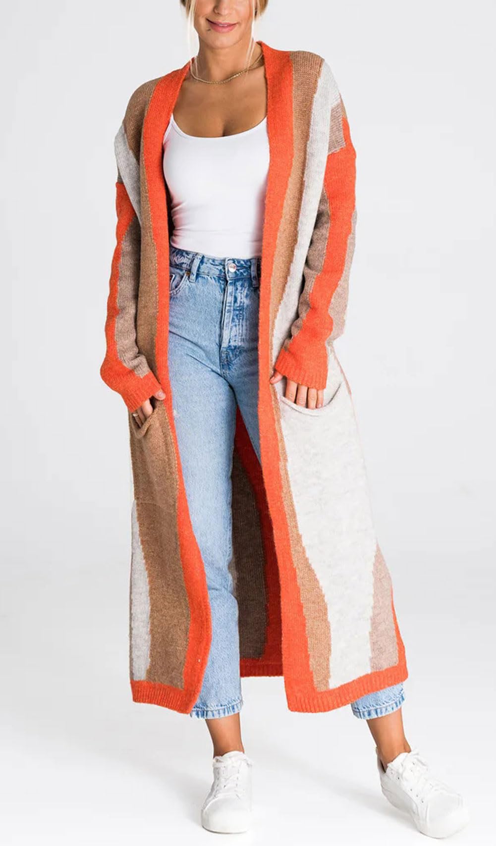 Color Block Long Cardigan Sweater