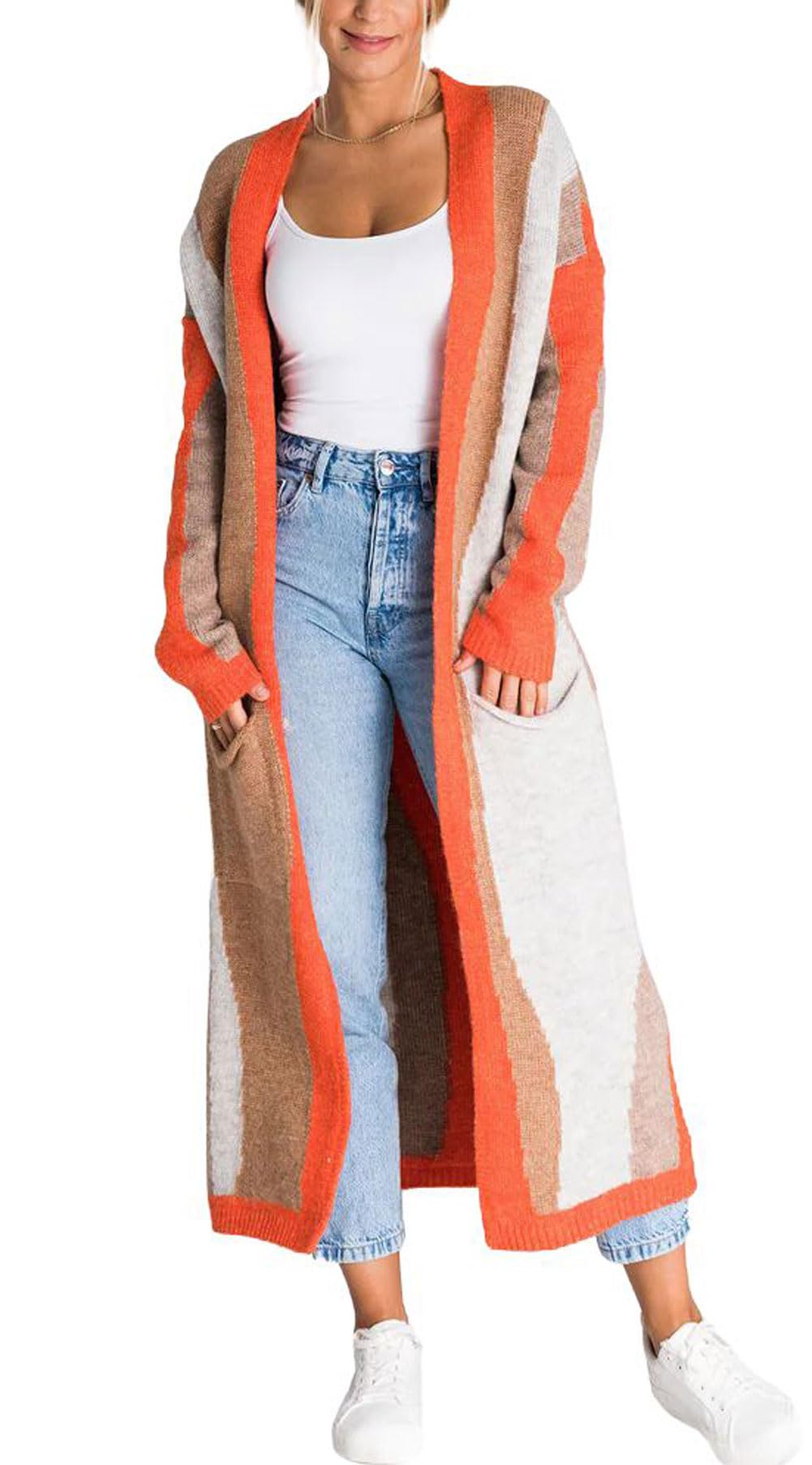 Color Block Long Cardigan Sweater