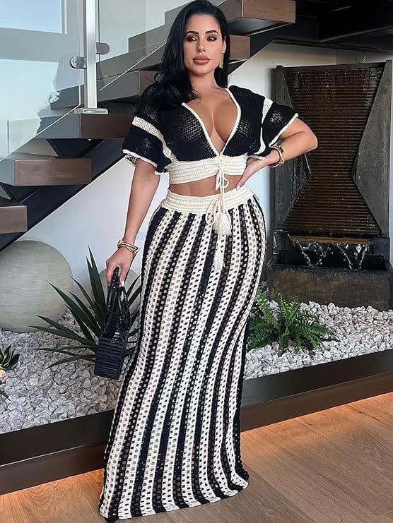 Knit 2 Piece Striped Maxi Skirt Set