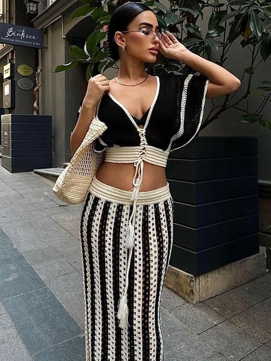 Knit 2 Piece Striped Maxi Skirt Set