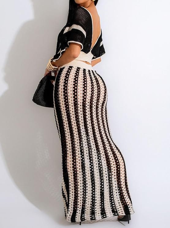 Knit 2 Piece Striped Maxi Skirt Set