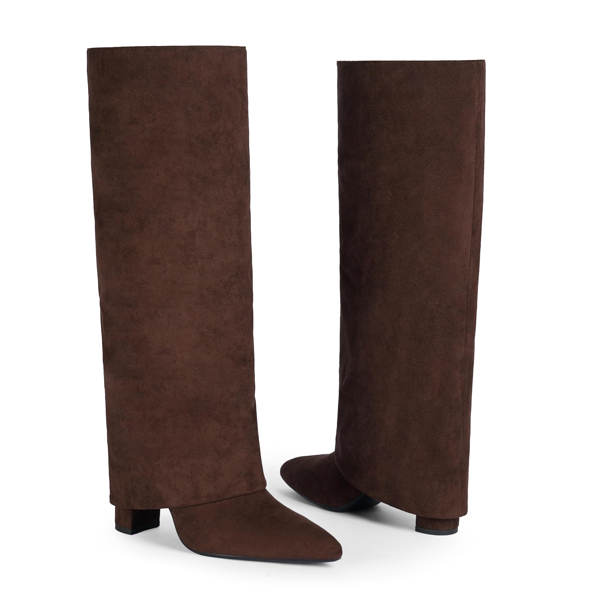 Modatope Chocolate Chunky Heel Fold Over Knee High Boots