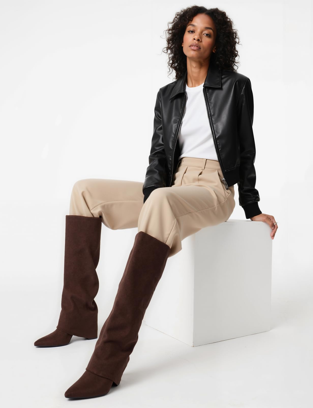 Modatope Chocolate Chunky Heel Fold Over Knee High Boots