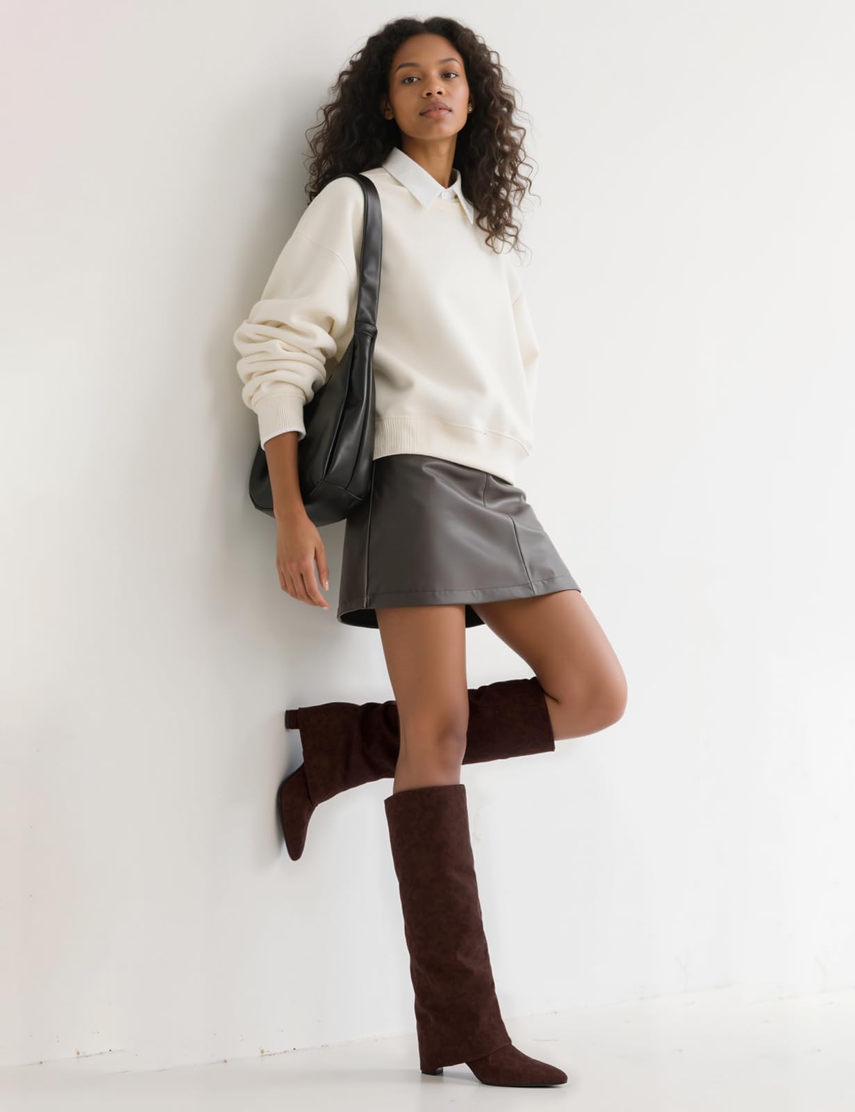 Modatope Chocolate Chunky Heel Fold Over Knee High Boots