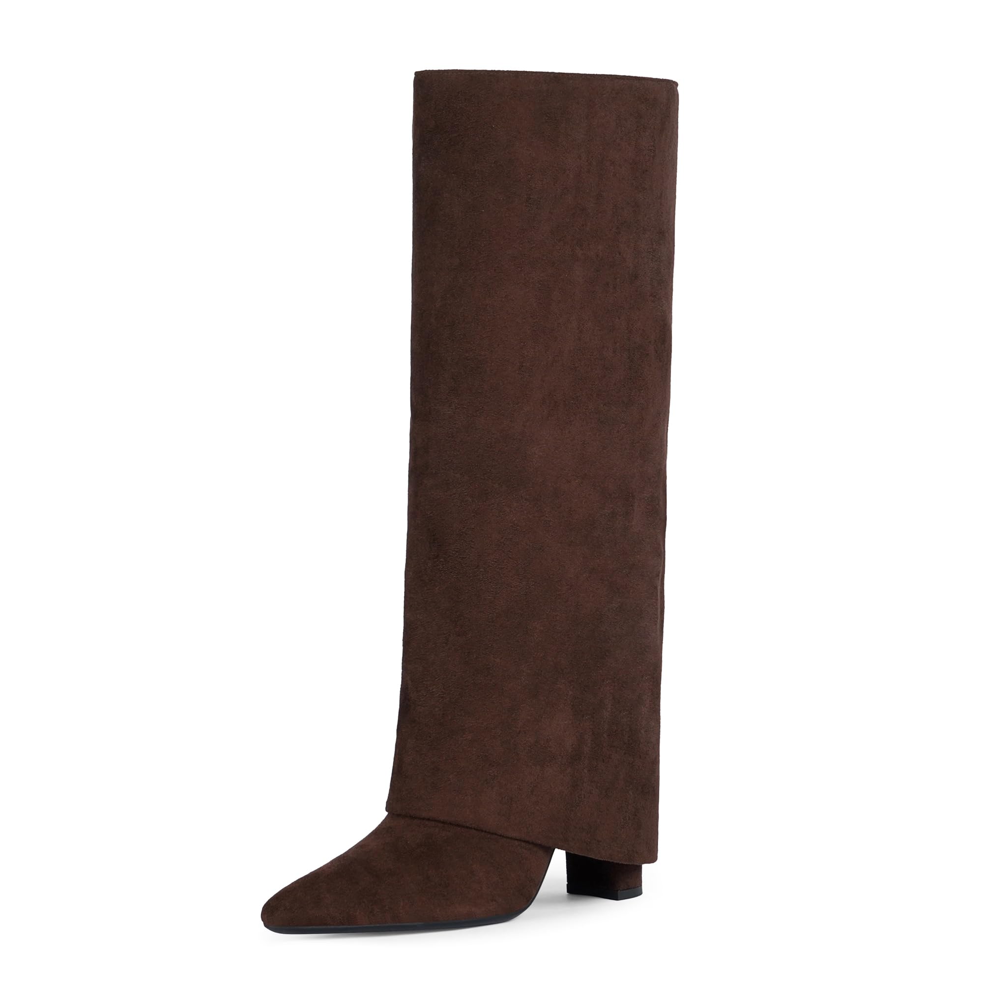 Modatope Chocolate Chunky Heel Fold Over Knee High Boots