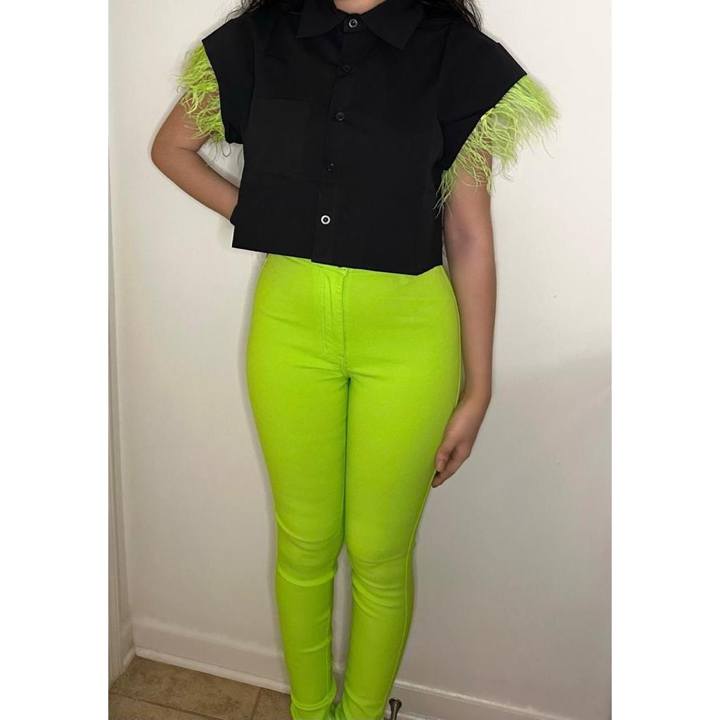 Neon Green Feather Sleeve Crop Top