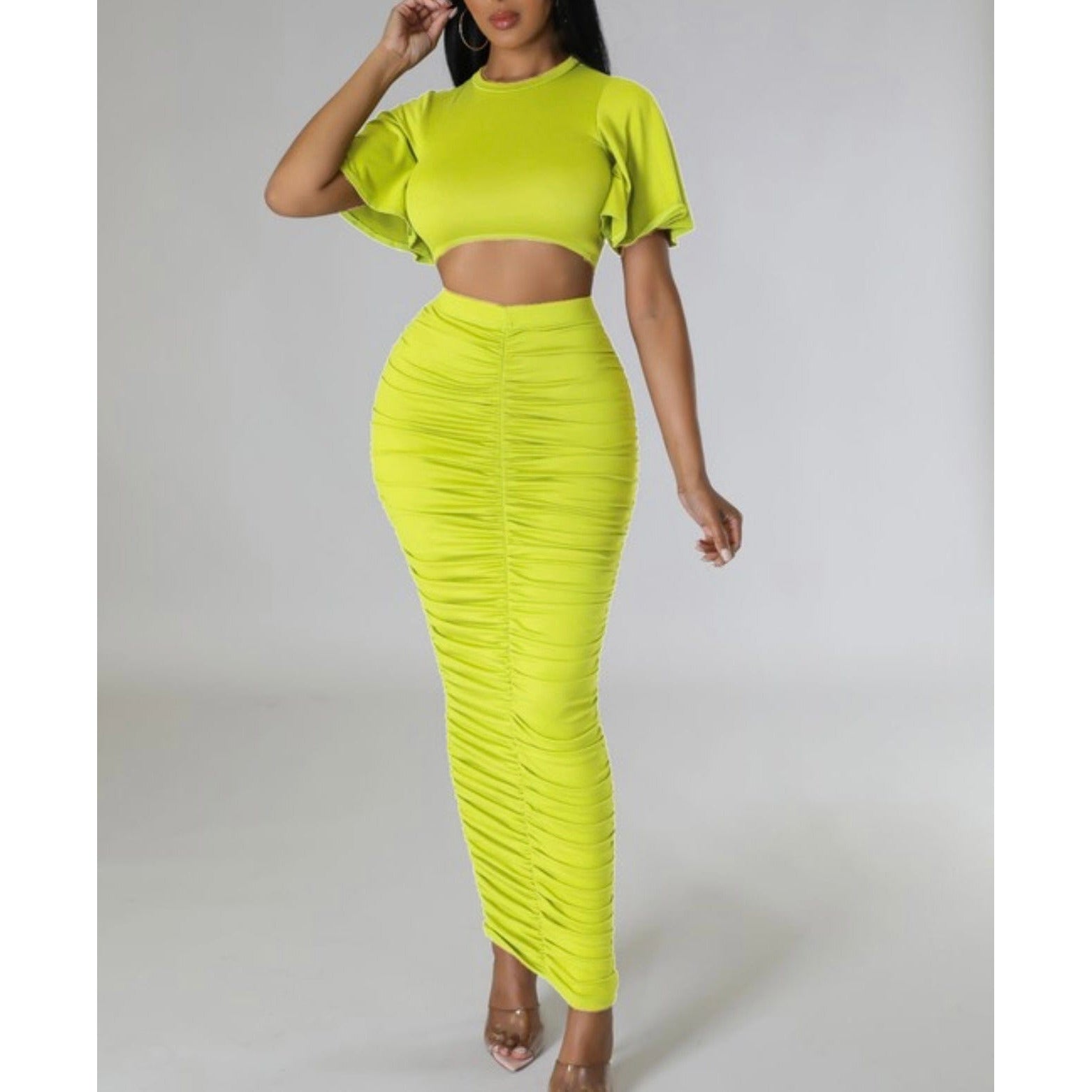 Neon Lime Ruched Skirt Set