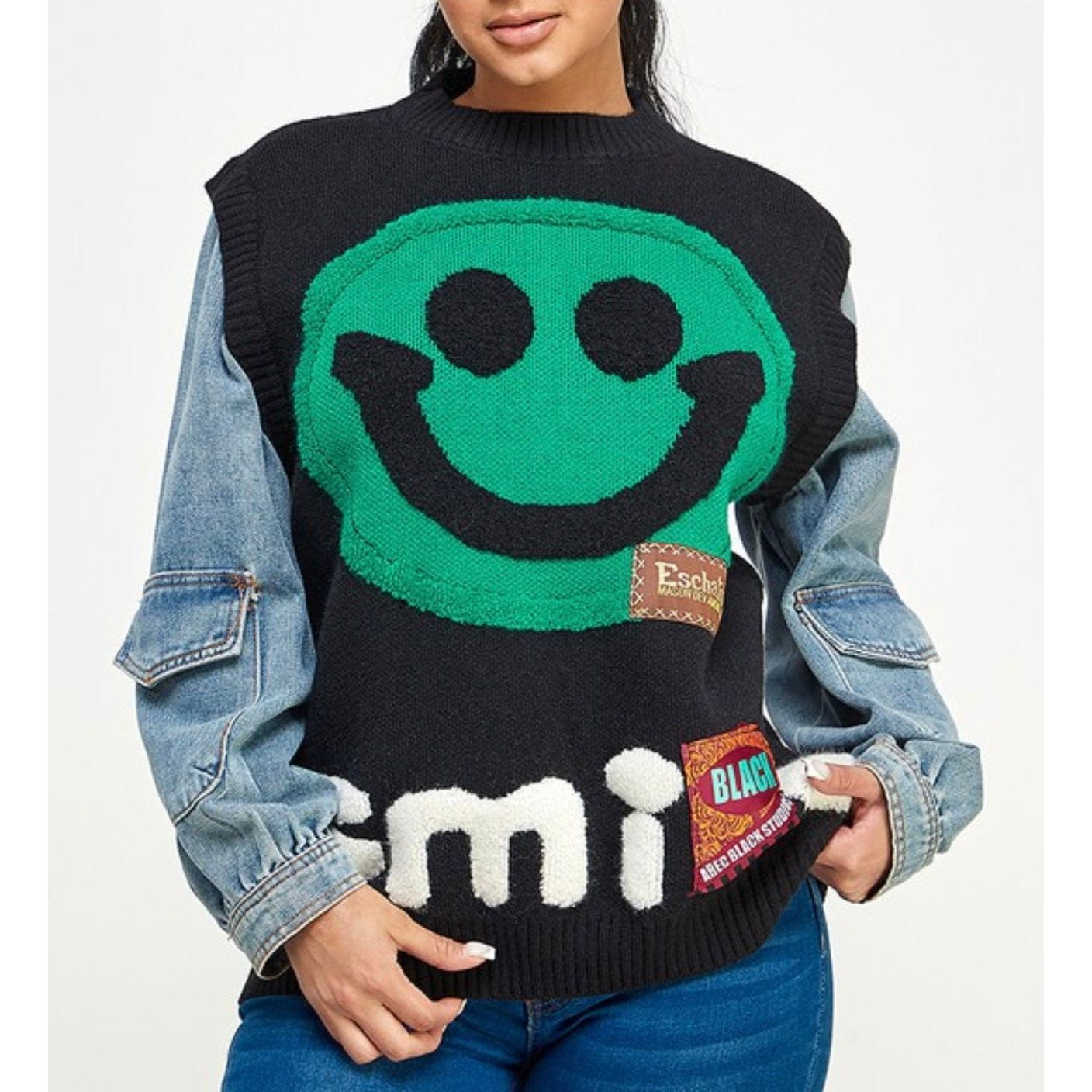One Size Black Multi Smile Cardigan Sweater