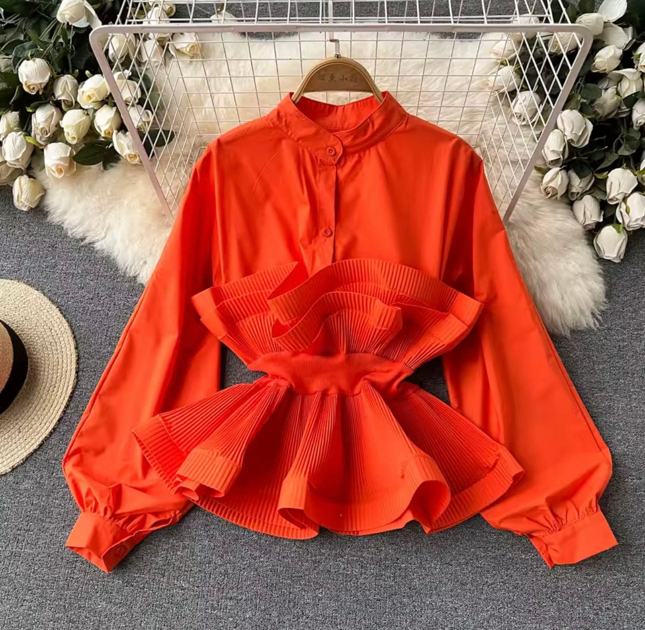One Size Orange Lantern Sleeve Blouse