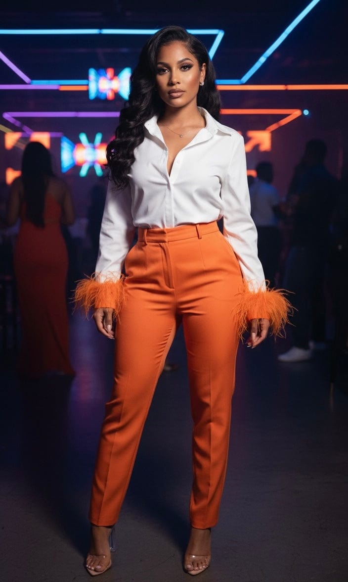 Orange Feather Sleeve Blouse-Off White
