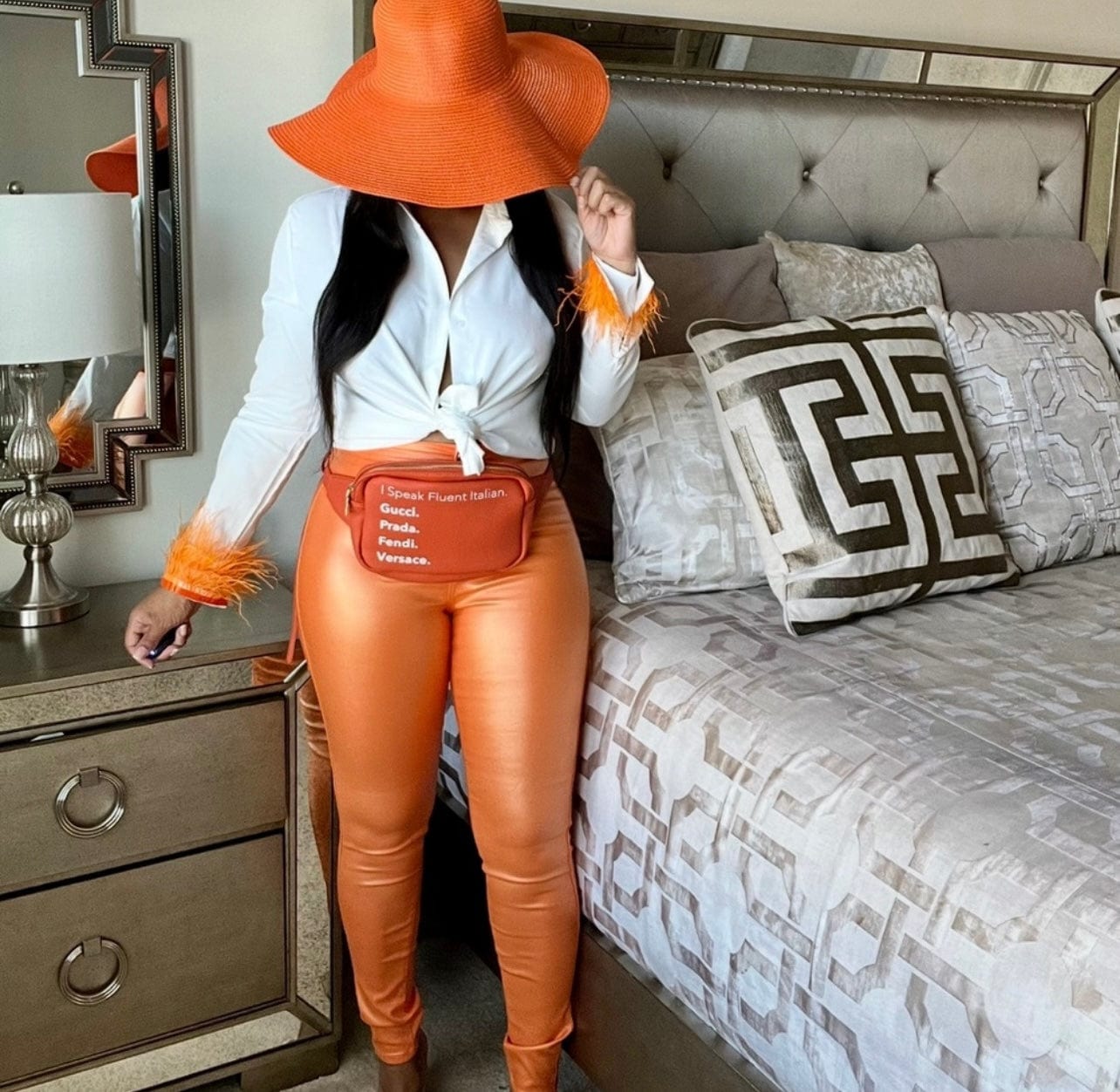 Orange Feather Sleeve Blouse-Off White