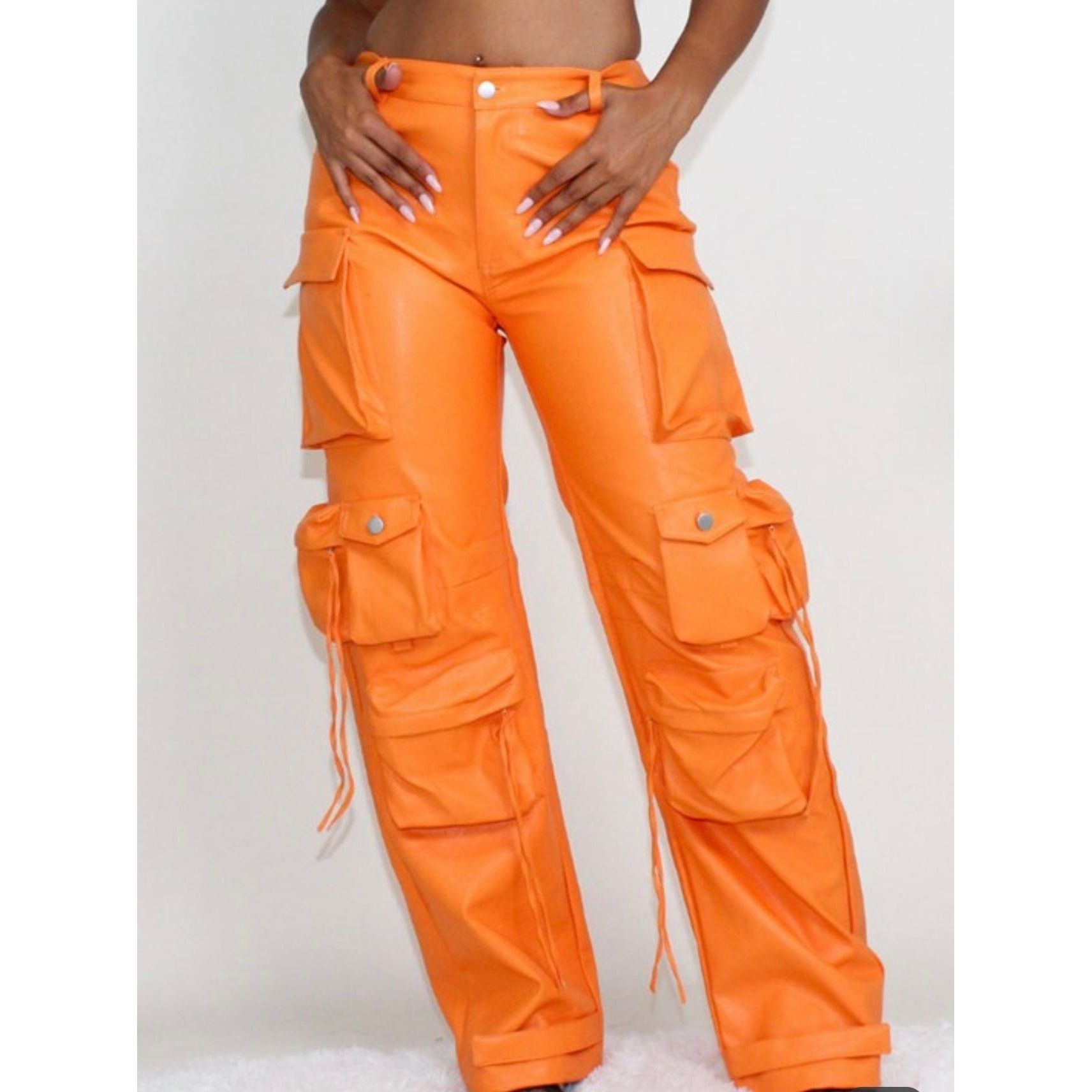 Orange PU Cargo Pants