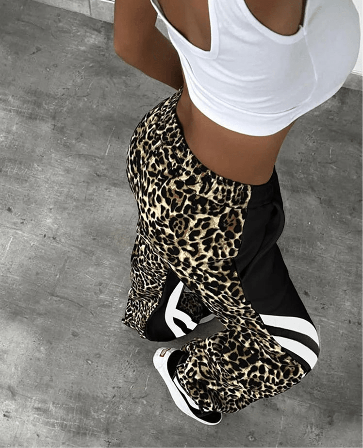 Panelled Striped Leopard Elastic Waist Streetwear Wide Leg Pants