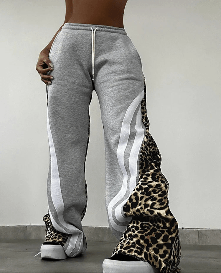 Panelled Striped Leopard Elastic Waist Streetwear Wide Leg Pants