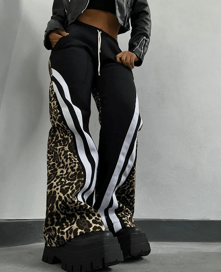 Panelled Striped Leopard Elastic Waist Streetwear Wide Leg Pants