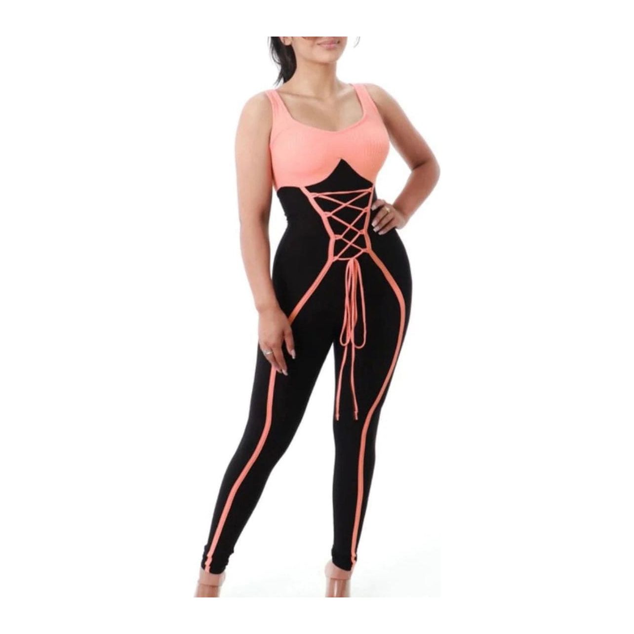Peach Lace up Ribbed Jumpsuit
