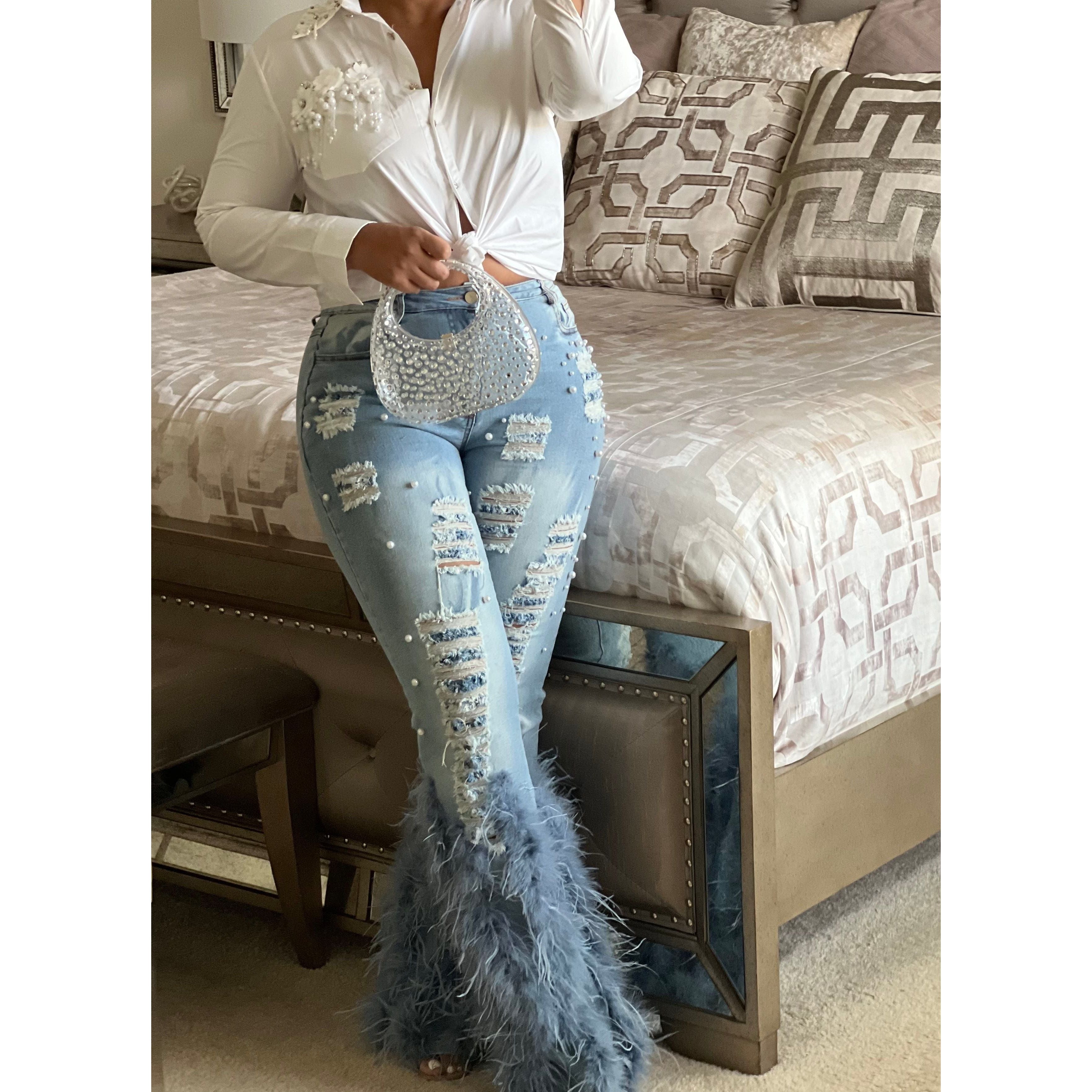 Pearl Embellished Feather Jeans