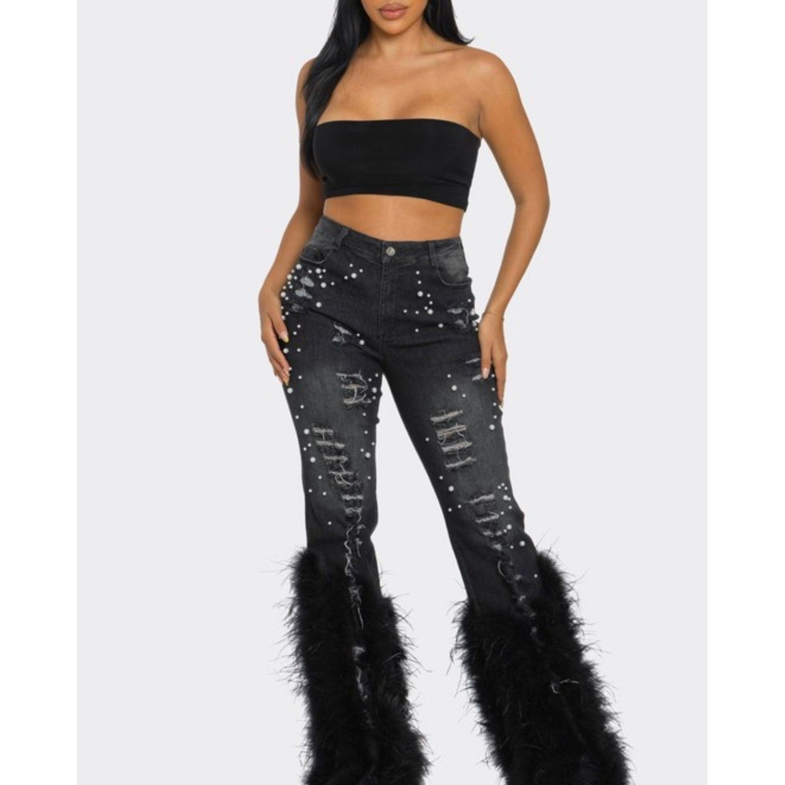 Pearl Embellished Feather Jeans-BLK