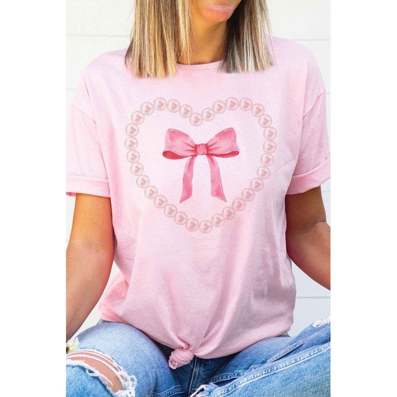PINK / S PEARL HEART BOW Graphic T-Shirt (Ships from CA)